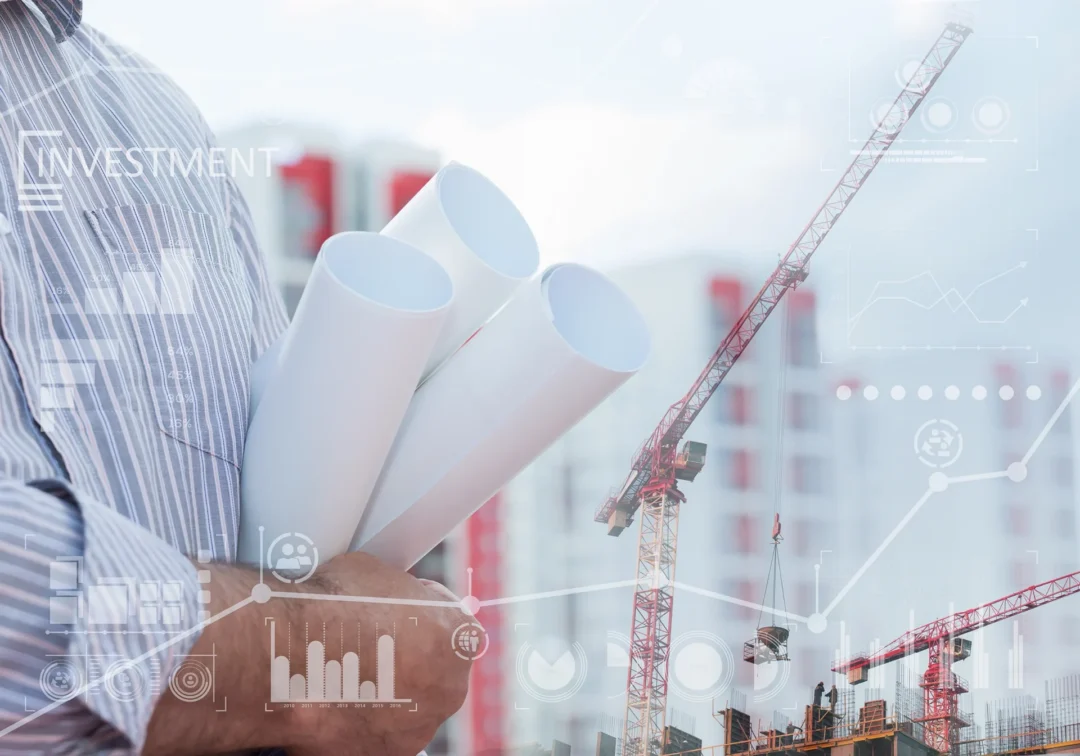 Double-exposure image of a contractor holding blueprints, overlaid with abstract financial charts, a crane, and the word investment.