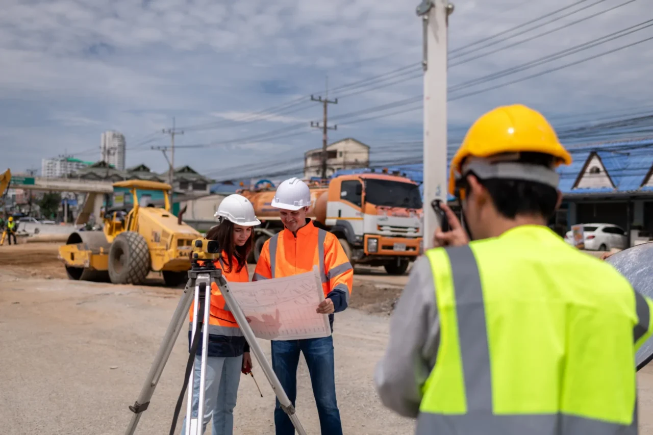 Two construction engineers in hard hats and high-visibility jackets review a set of blueprints next to a surveying transit level at an active outdoor construction site.