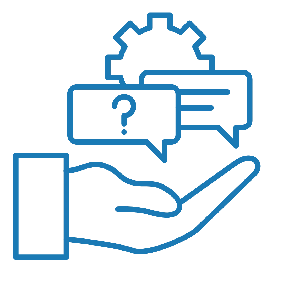 a design hand that has speech bubbles and an gear floating above it. 
